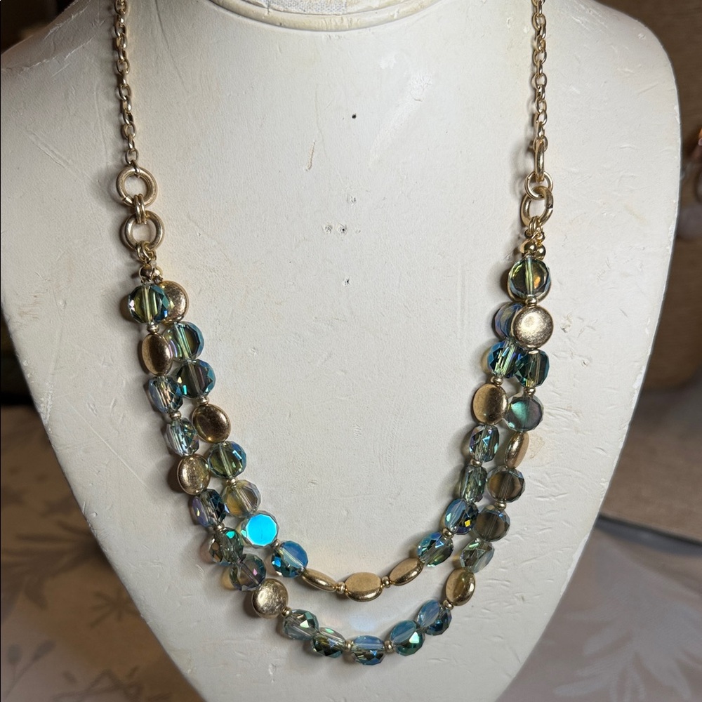 Gold-Tone Double Strand Necklace with Iridescent Blue-Green Beads